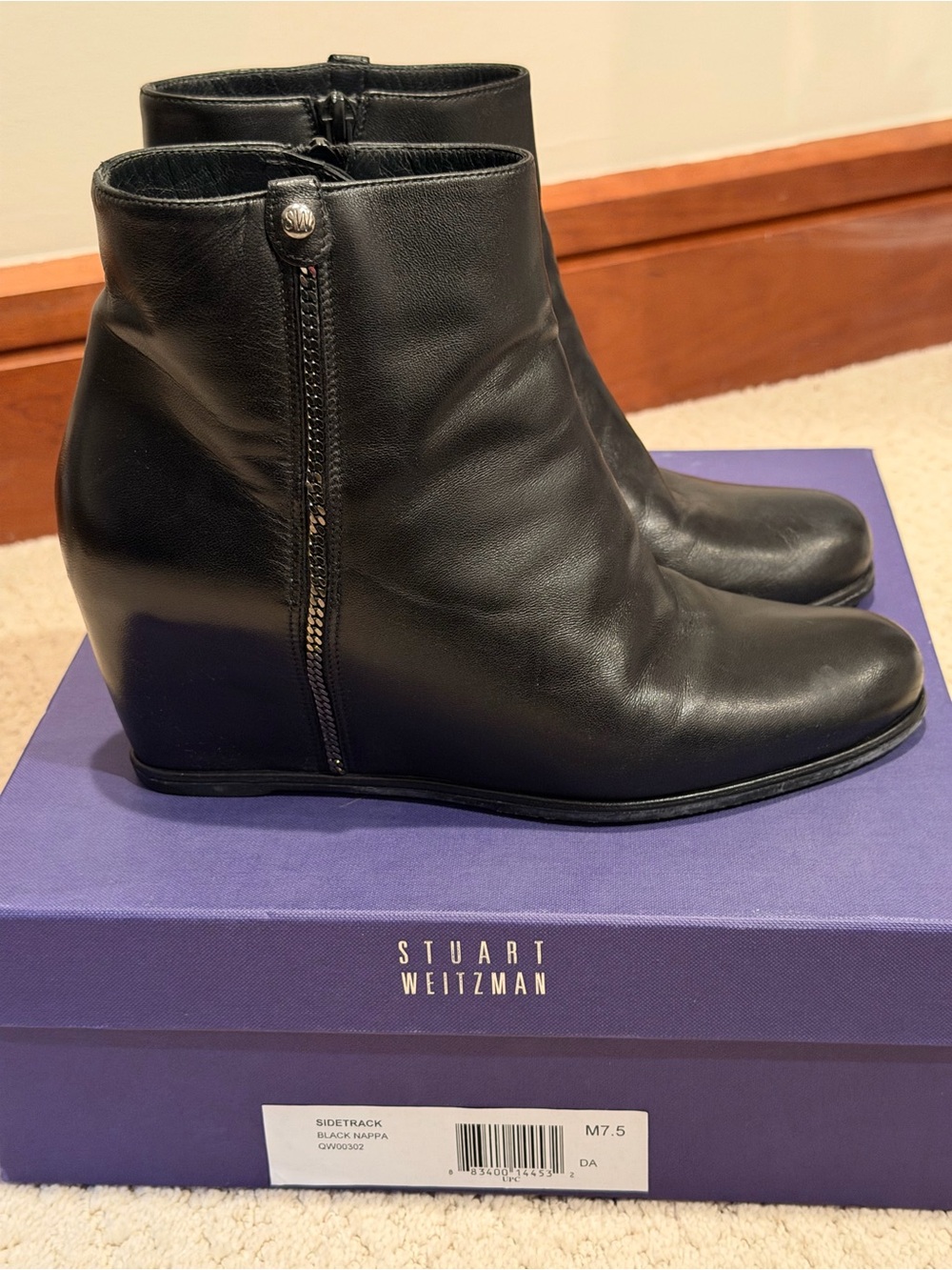 Stuart Weitzman “Sidetrack” Black Leather Wedge Ankle Booties -Size 7.5